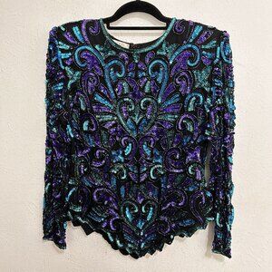 Sequin Top Black Blue Green Laurence Kazar Glam Evening New York Vintage Size L